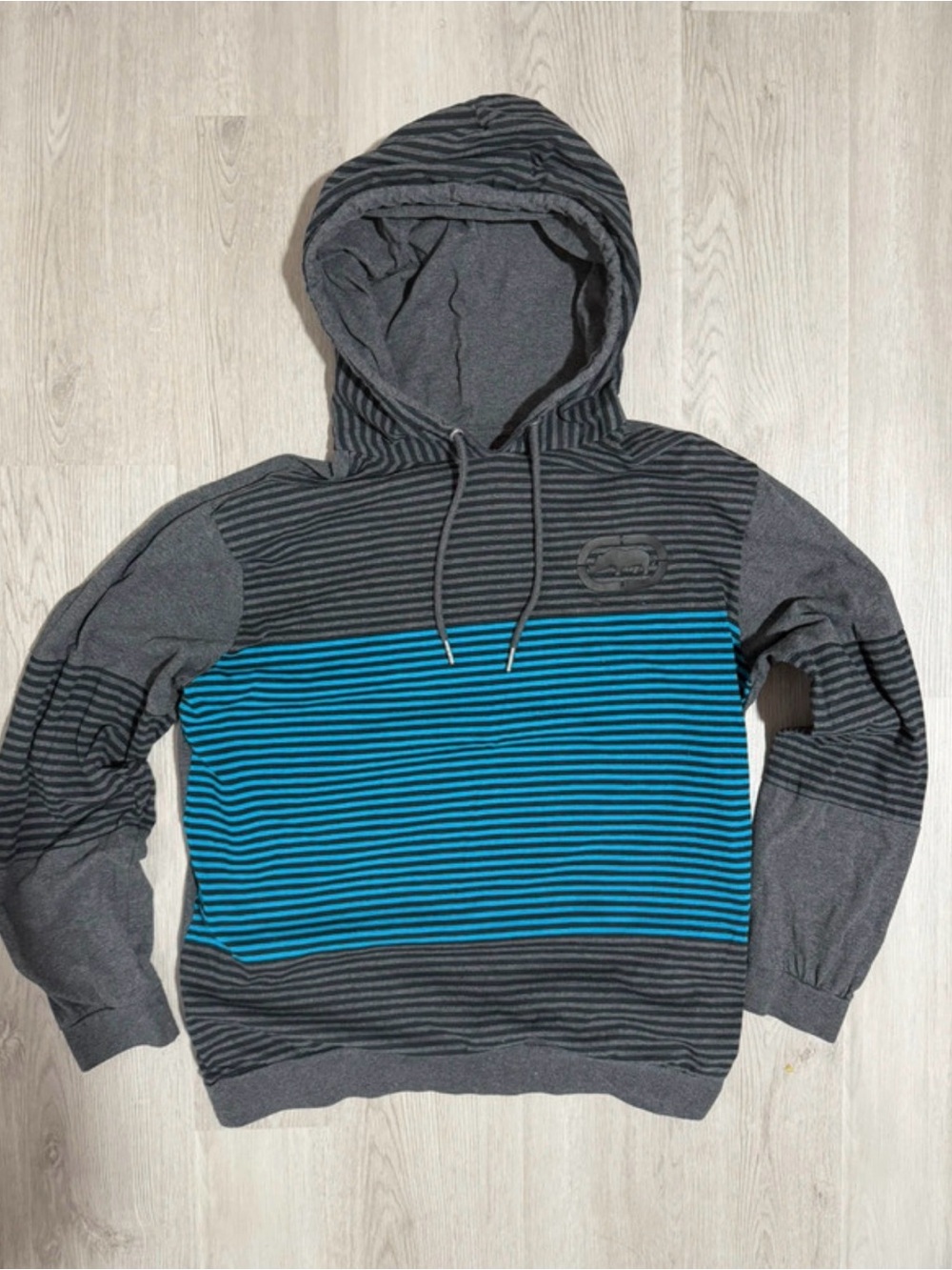 Vtg Ecko Unlimited Gray & Teal Striped Hooded Pullover